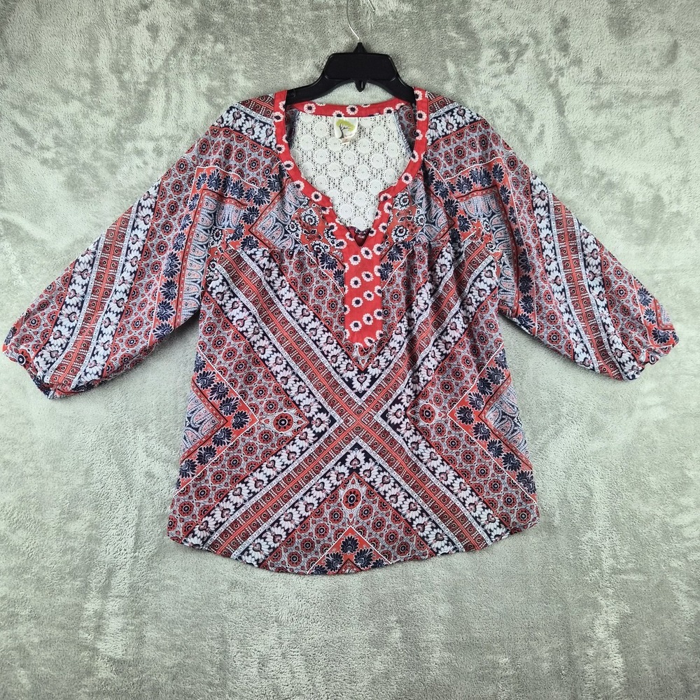 Fig & Flowers Top Womens Large Red white Blue Floral 3/4 Sleeve Lightweight Boho